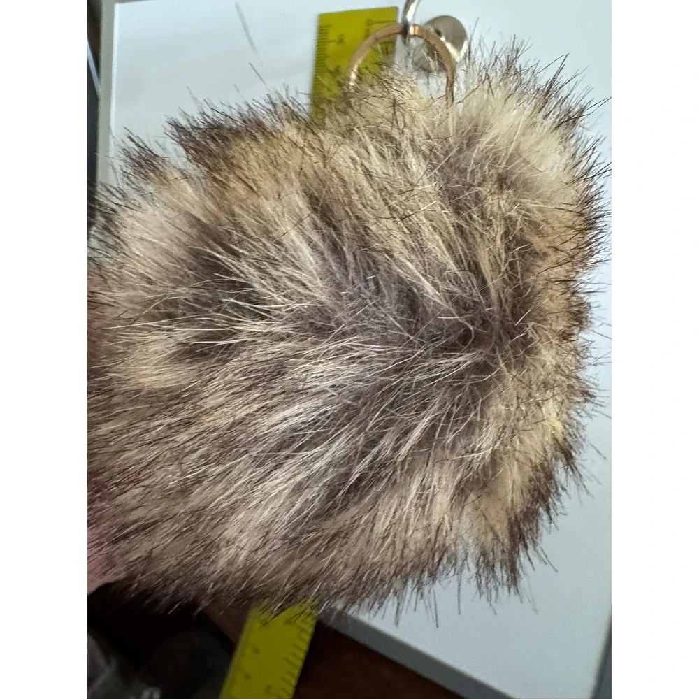 Gold Tone Fox Faux Fur Pom Pom Bag Charm Keychain Rhinestone Pearl Brown Tan